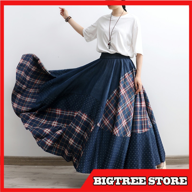 Rok Panjang Korea Import Long Maxi A-line  Elastic Waist Spring And Summer Denim Vintage Plaid Big H