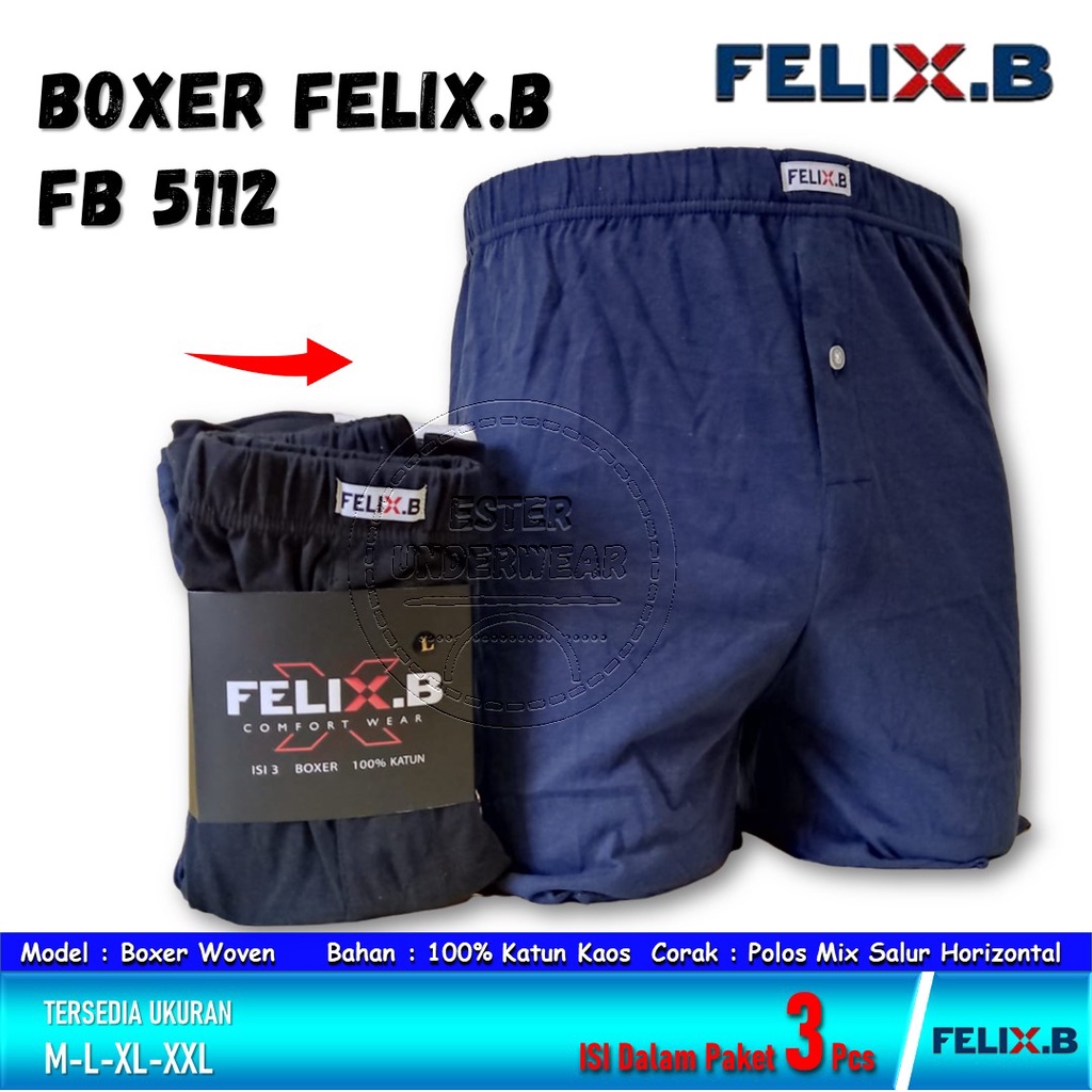 Felix.B Celana Boxer Pria FB 5112 ISI 3Pcs Motif Polos