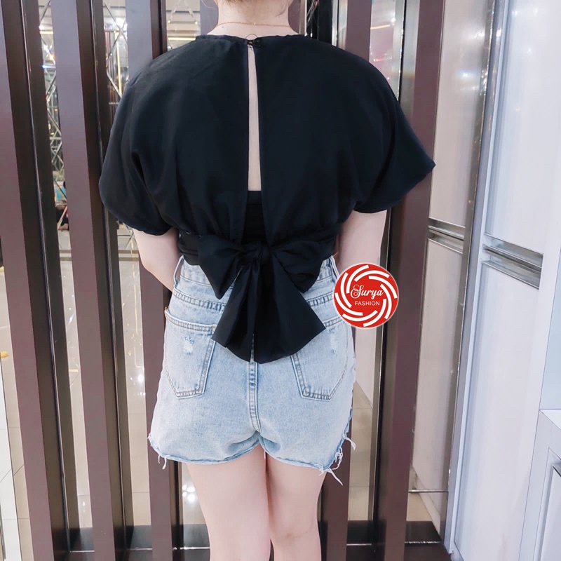 Vallina Femei Outer Blouse Slit Back Self Tie Wrap Crop Top Atasan Wanita Korean Style BOW Back Cardy