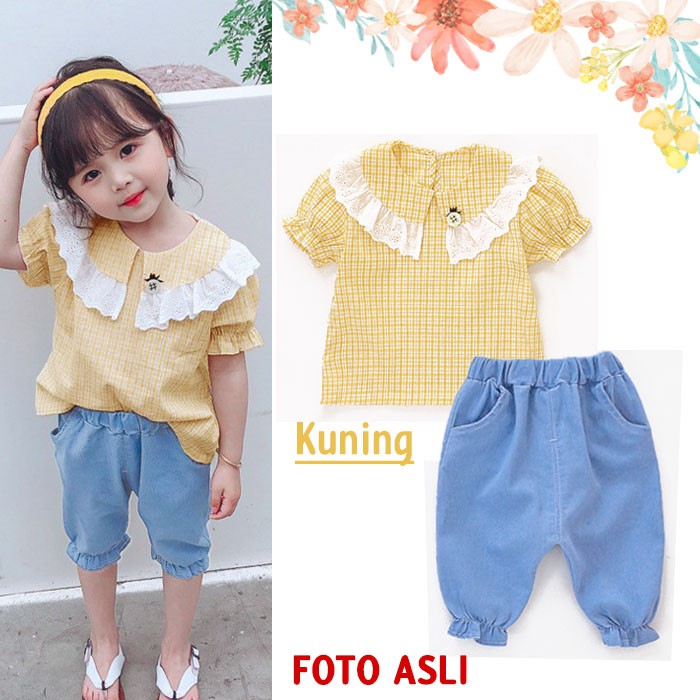 Setelan Kemeja Anak Perempuan Murah Baju Tunik Anak Import Kerah Lace Celana Panjang Kulot