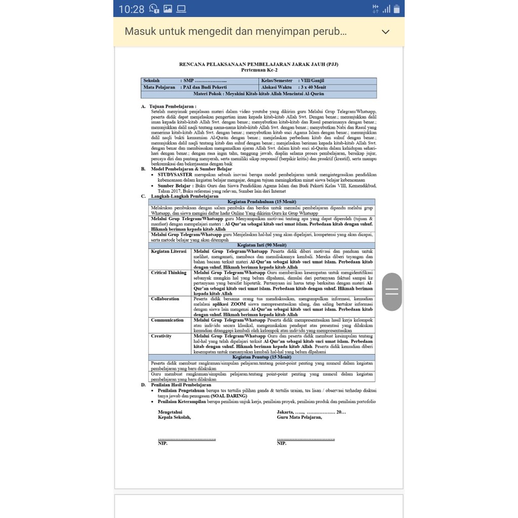 RPP 1 lembar(RPP Daring &amp; LURING) SMP Kelas 8, Mapel Bahasa Indonesia 2Semester
