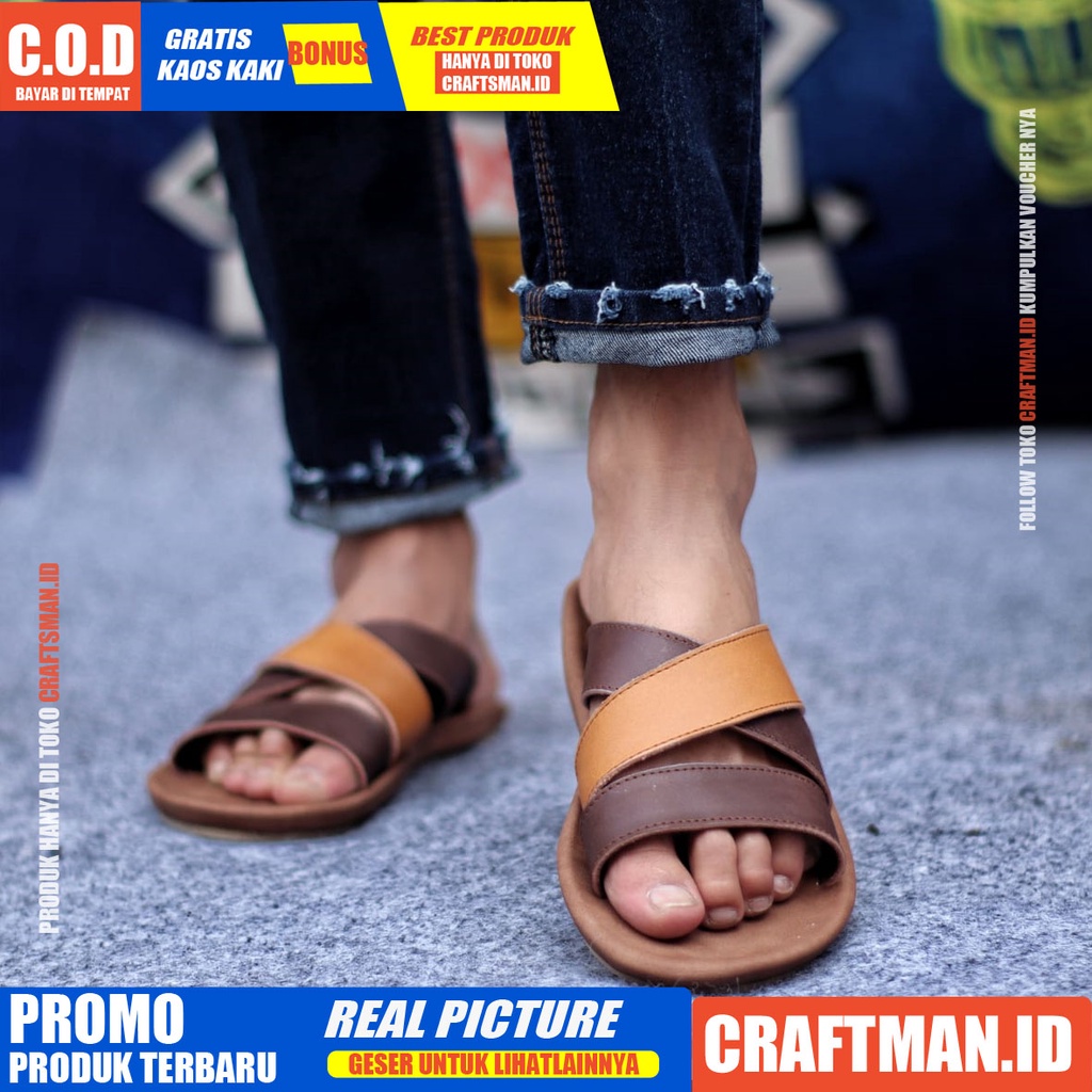 CRAFTS x POLET SANDAL KULIT PRIA BLACK BROWN SENDAL KASUAL PRIA