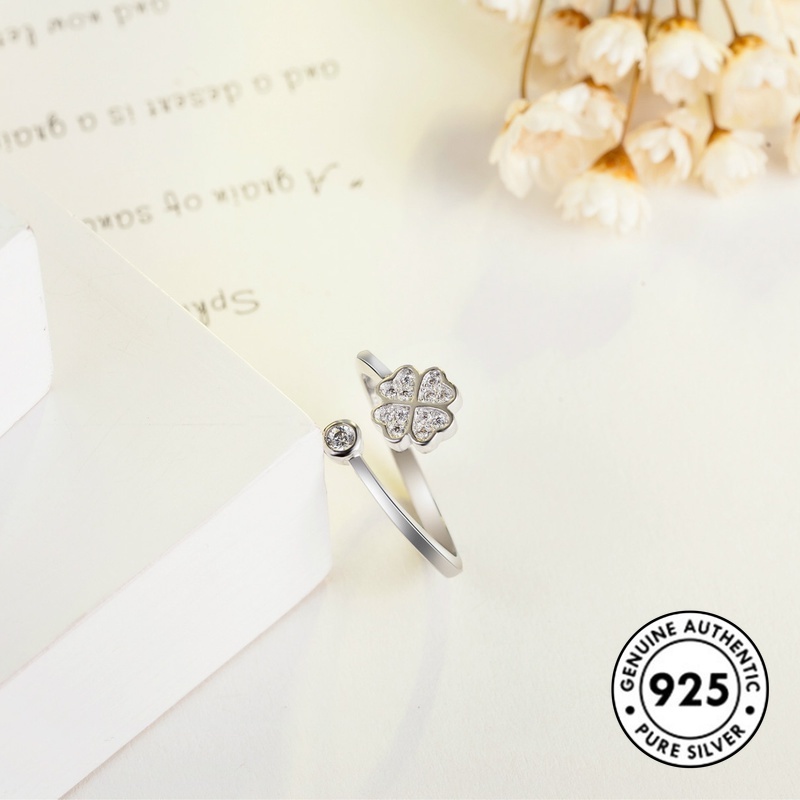 Cincin Sterling Silver 925 Model Terbuka Desain Clover Hias Berlian Imitasi Untuk Wanita