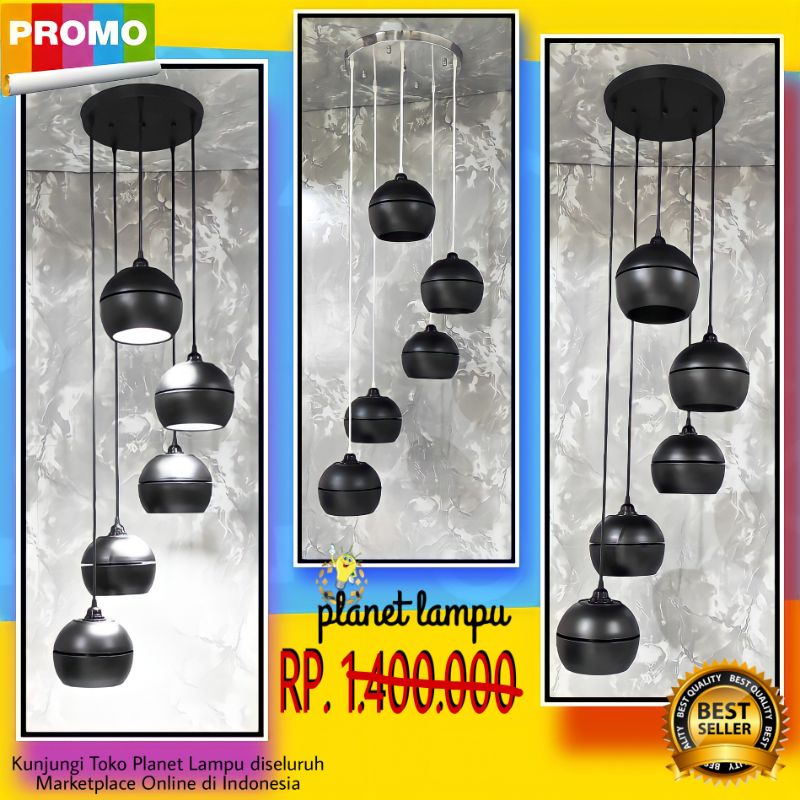 LAMPU GANTUNG VOID TANGGA MINIMALIS PLAFON RUANG TAMU CAFE ATAP MURAH KAP LAMPU HIAS HITAM 5 IN 1 VI