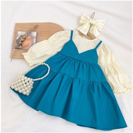 DRESS BLUE TOSCA DUA TALI GANTUNG JUMPSUIT ANAK BIRU BUNGA 100-140