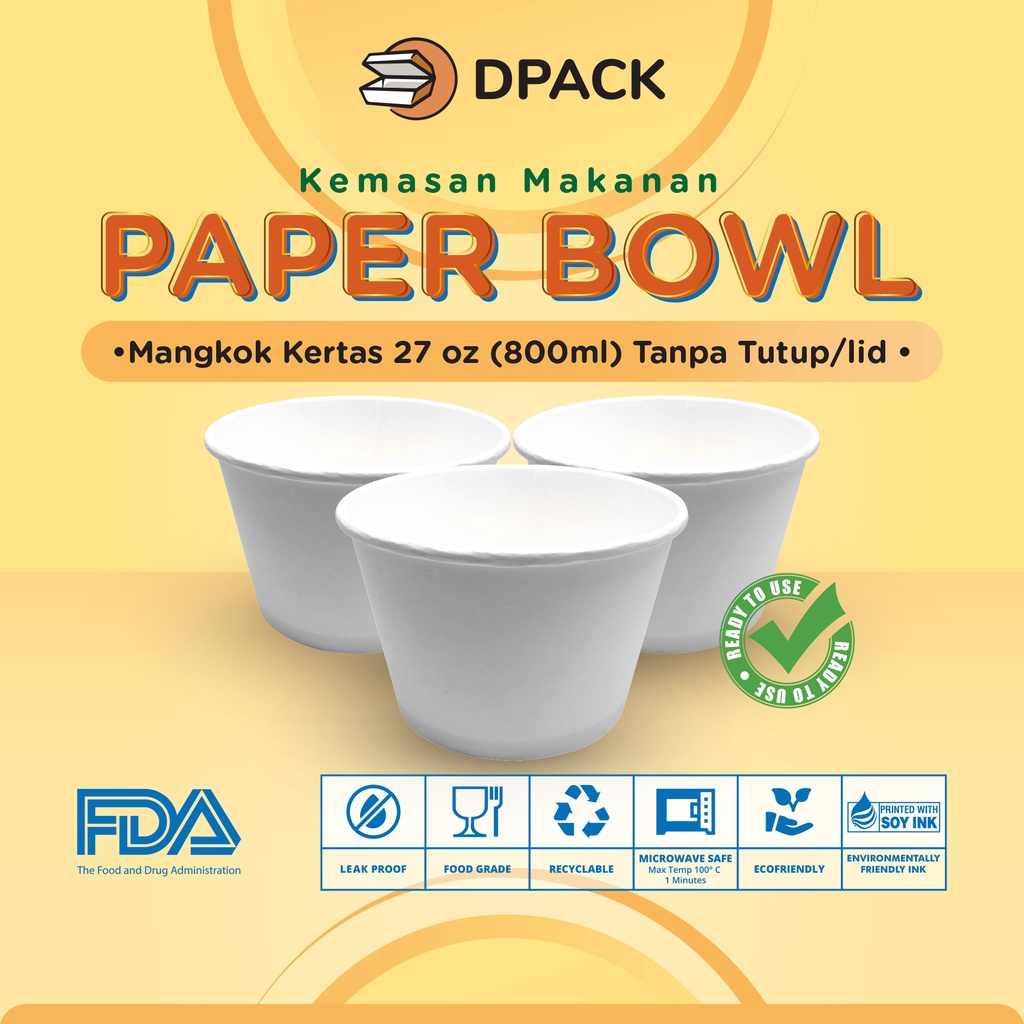 Paper Bowl / Mangkok Kertas 27 oz (800 ml) - Tanpa Tutup/Lid