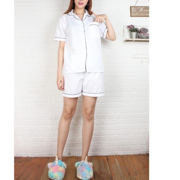 ● SATIN EMBOS PP BAJU TIDUR WANITA DEWASA PIYAMA CEWEK CELANA PENDEK - Putih ☎