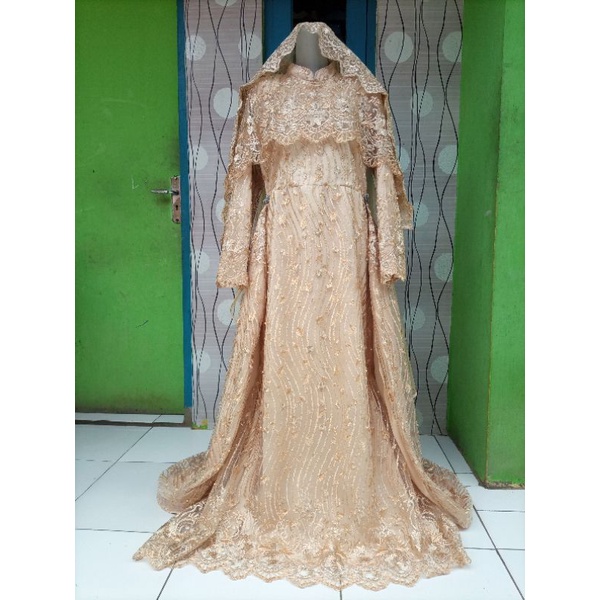 Gaun pengantin Syar'i bisa request ukuran dan Warna / Full Brukat / Full set / Jumbo atau Small / termasuk Aksesoris