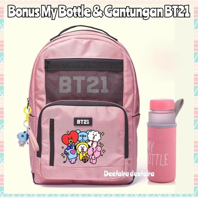 [KODE VTHWW] TAS SEKOLAH WANITA BACKPACK ANAK PEREMPUAN BTS ARMY BONUS BT21 BOTOL - Pink Navy