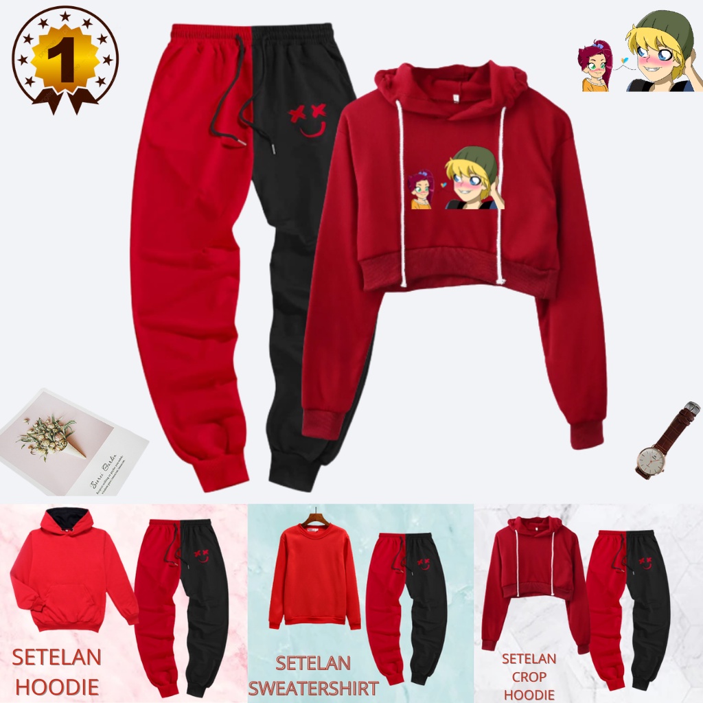 Choice Ali - Set 2 in 1 Setelan Crop Top Wanita Atasan Crop Hoodie First Love Dan Celana Panjang
