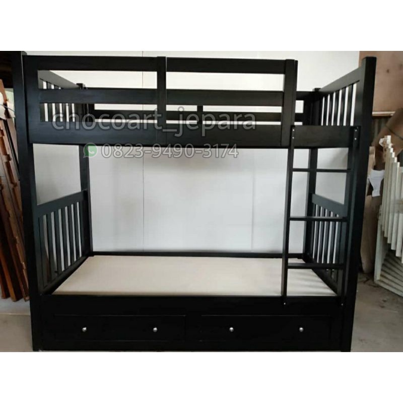 Dipan tingkat / dipan anak tempat tidur atau ranjang dipan tingkat anak kayu jati 2 laci