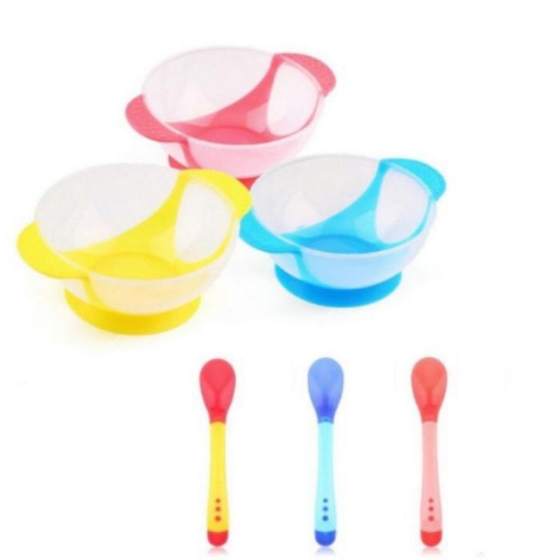 Mangkok + Tutup / Sendok Bayi dengan Sensor Panas / Sendok Makan Mangkuk Makan Bayi