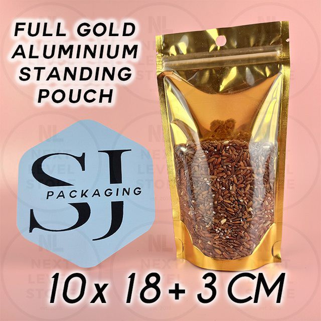 Full Gold Aluminium Standing Pouch 10x18+3cm Ziplock Premium Packaging