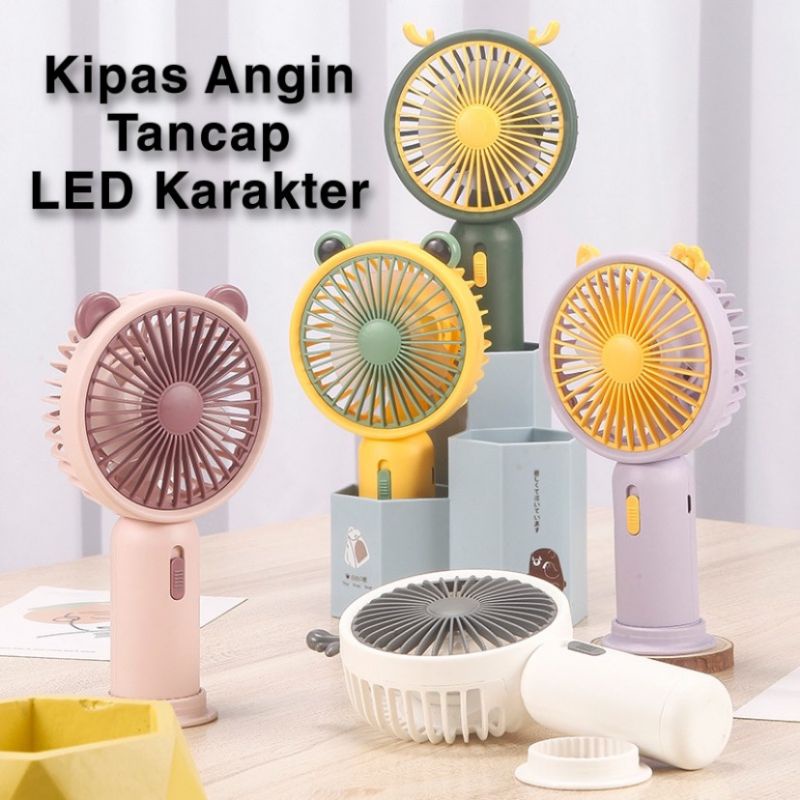 Kipas Angin Tancap Tangan LED Karakter / Kipas Genggam Portable USB Recharge (Standing Mini Fan)