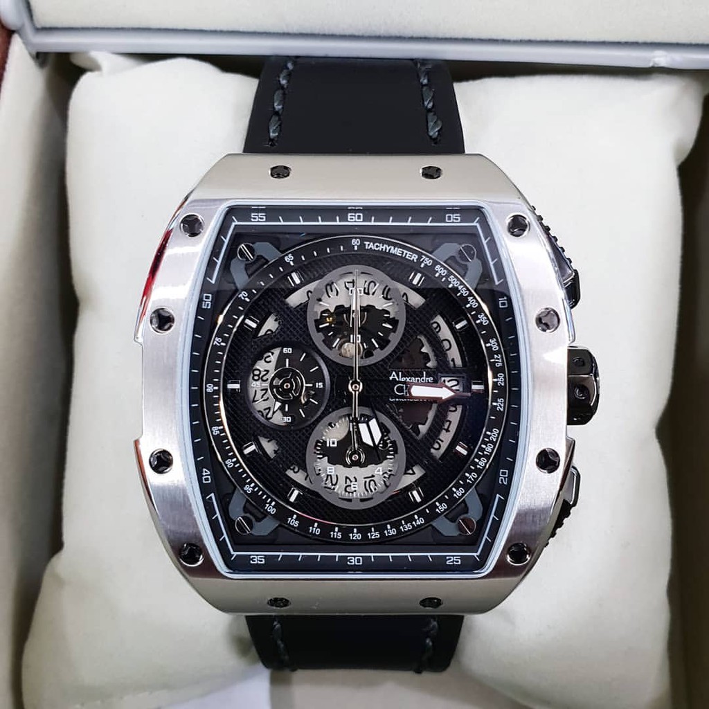 alexandre christie original 100% ac6411 stanless leather silver black