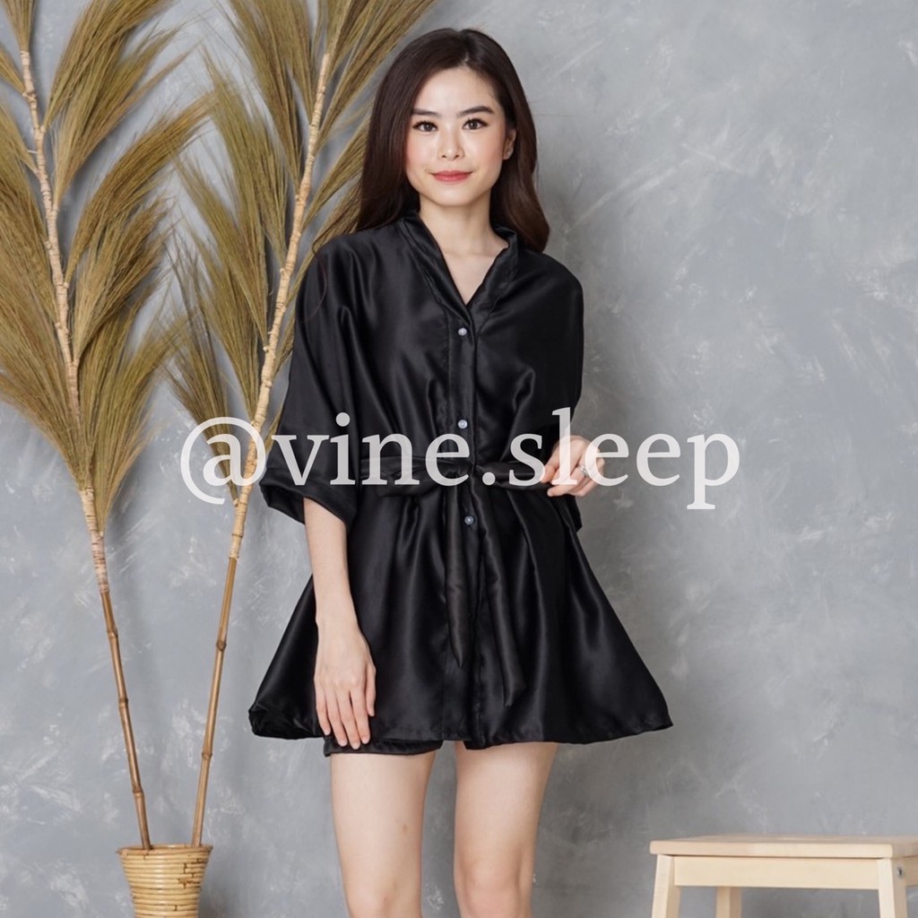 BAJU TIDUR PIYAMA SATIN KIMONO PREMIUM-BLACK