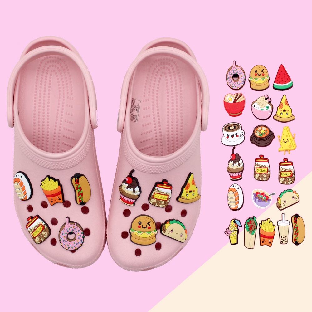 Jibbitz shoe charms Crocs Pin Makanan Hamburger/Kentang Goreng/Minuman Sandal decorate Lubang Sepatu accessories Motif Kartun DIY imut gesper sepatu Bahan