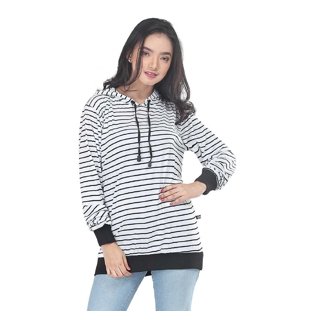 JAKET HOODIE WANITA WARNA PUTIH TERBARU MOTIF GARIS HITAM 444