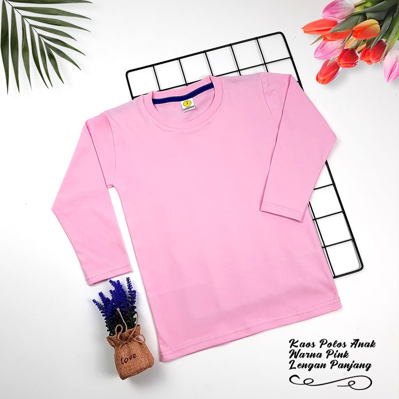 KAOS POLOS ANAK PREMIUM ECOSOFT COTTON | KAOS UNISEX BISA COWOK CEWEK | WARNA PINK - LENGAN PANJANG