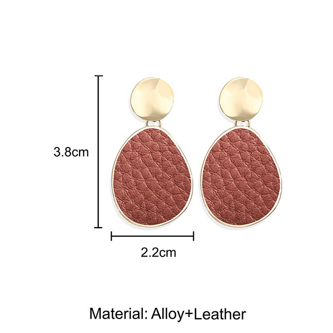 LRC Anting Tusuk Fashion Fuchsia Pear-shaped uneven pu leather geometric K08206