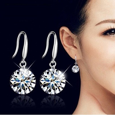 Aksesoris Fashion Wanita: Anting Tusuk Kait Elegan, Zirkon Bulat, Lapis Silver/Perak Rotating Zircon