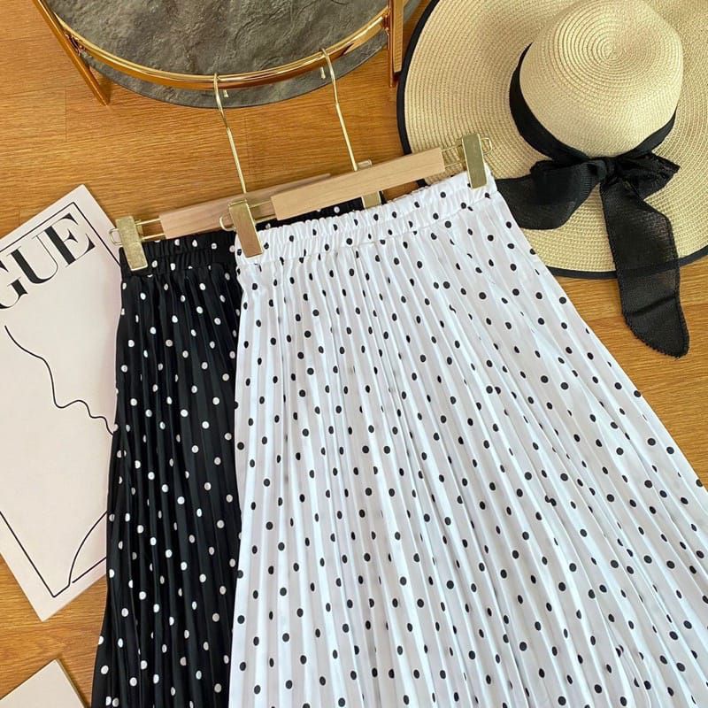 ROK PLISKET POLKADOT MOTIF POLKA BULAT A LINE PANJANG LONG SKIRT MAXI