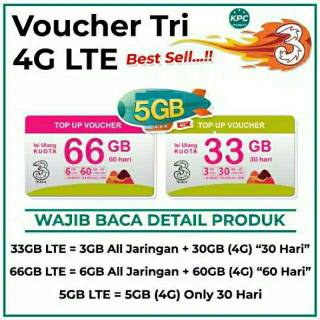 VOUCHER TRI KUOTA LTE 33GB 66GB PAKET DATA THREE 33 GB 66