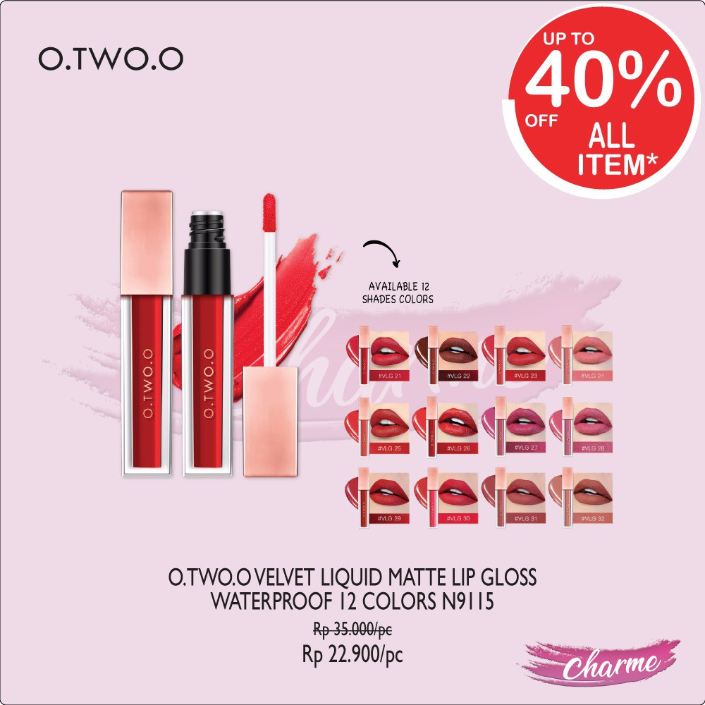 (READY &amp; ORI!) O.Two.O Otwoo Velvet Matte Lip Gloss Waterproof 12 Colors Lipstick 9115