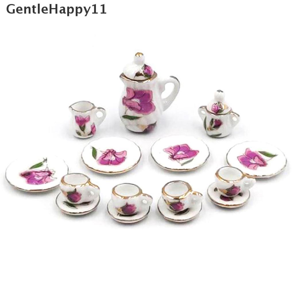 Gentlehappy 15Pcs / set Miniatur Peralatan Makan / Minum Teh Bahan Keramik Porselen Untuk Rumah Boneka 1: 12