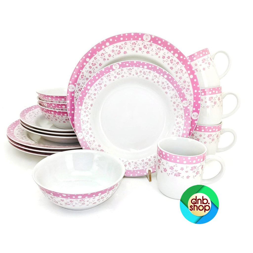 Dinner Set Isi 16pcs Motif Polkadot Fleur / Perlengkapan Makan Keramik