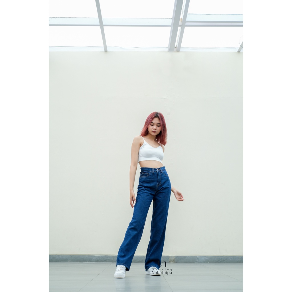 Nara Pants Biru Tua - Celana Kulot Jeans Highwaist Wanita Loose