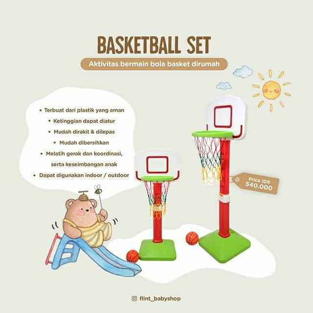 Basketball Set Mainan Anak Plastik Atur Ketinggian Include Bola