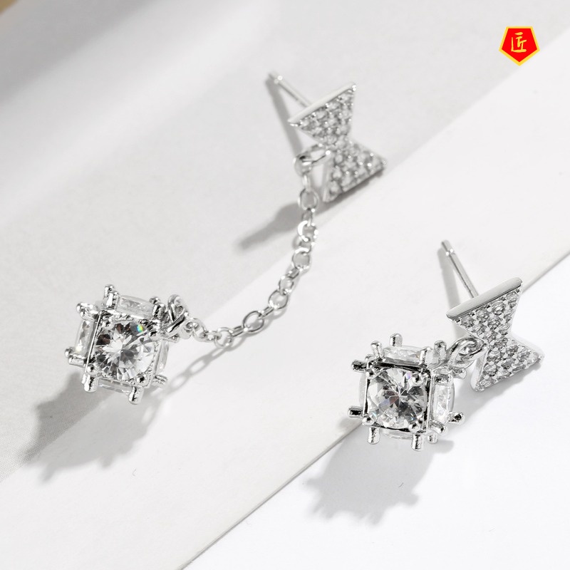 [Ready Stock]925 Silver Bow Diamond Asymmetric Long Earrings