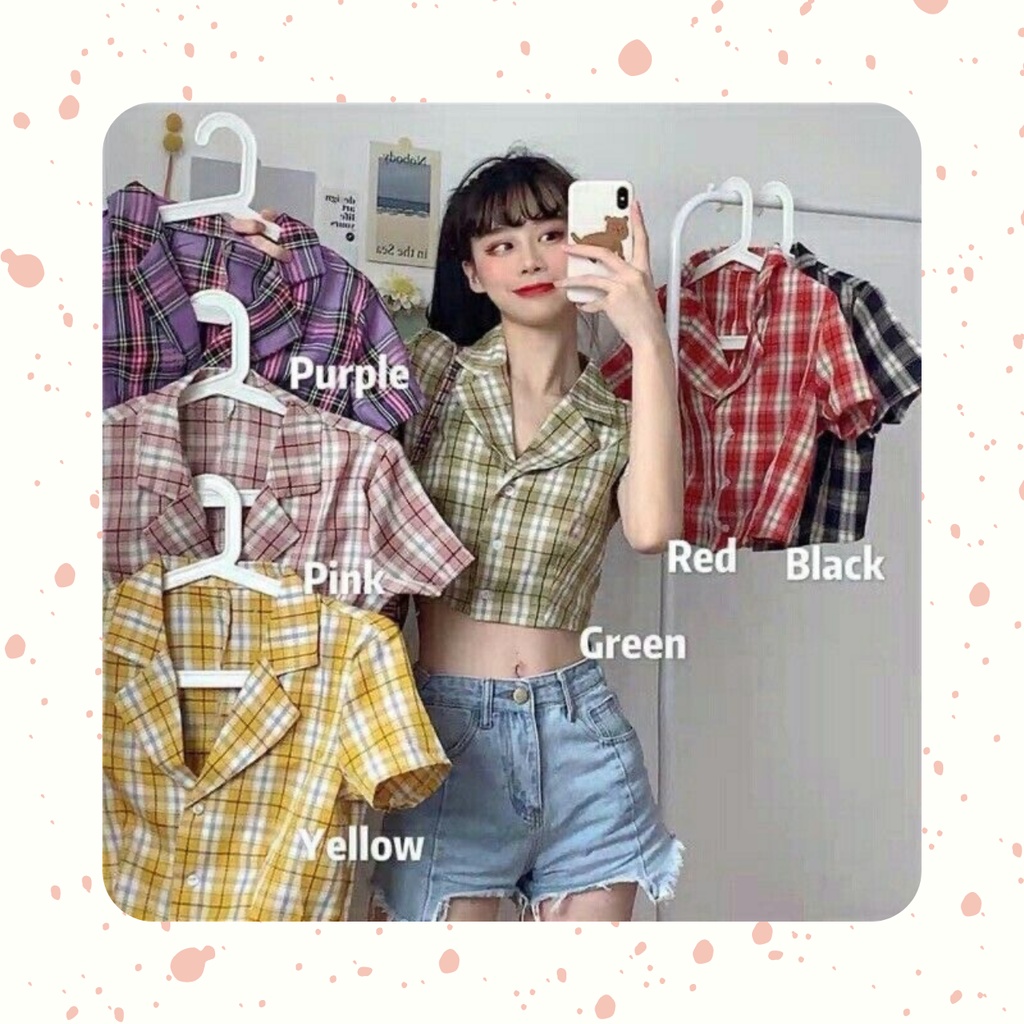 Kemeja Crop Wanita Kotak-Kotak Lengan Pendek  Blouse Korea Murah / JOY Top
