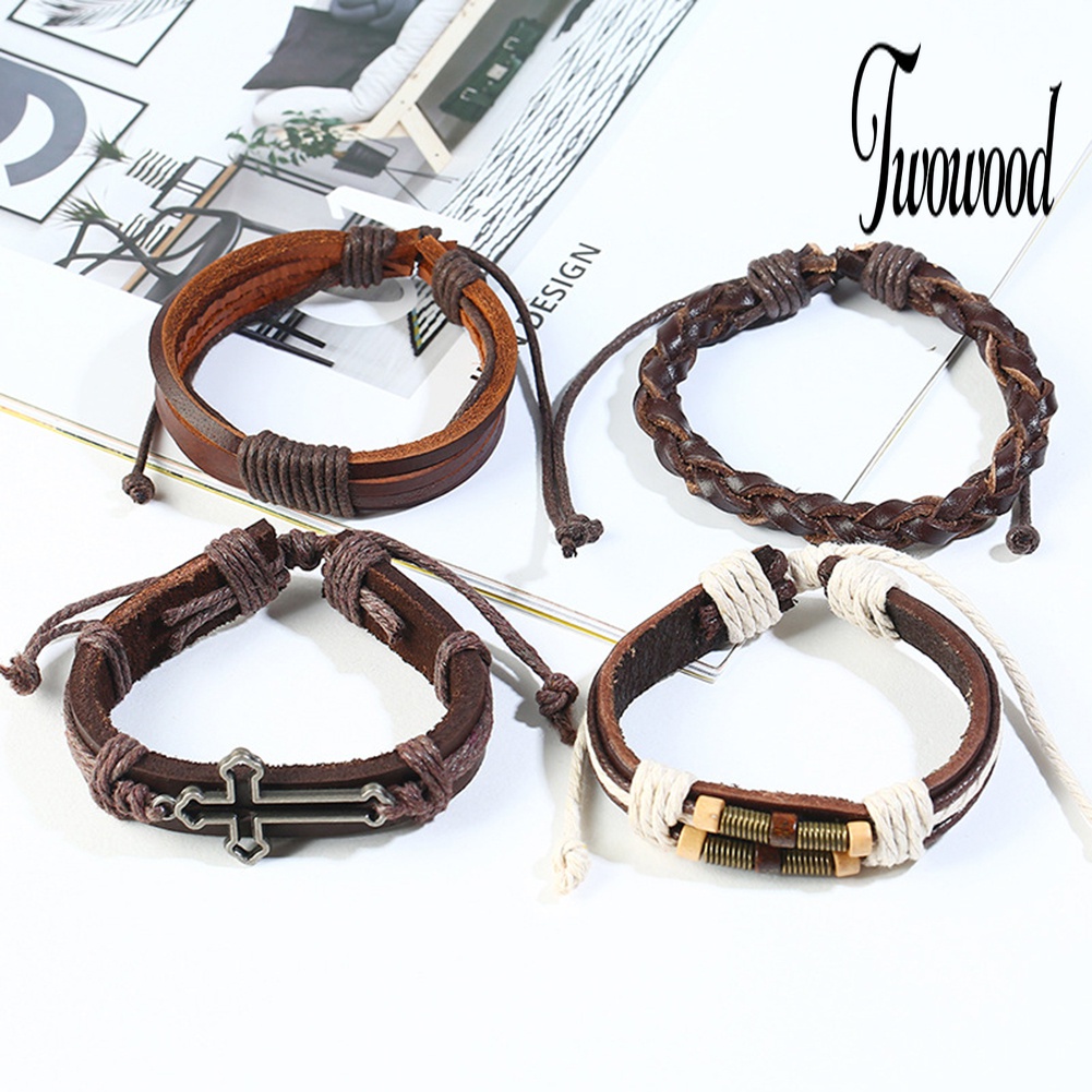 12pcs / Set Gelang Multilayer Bahan Kulit Imitasi Gaya Vintage Untuk Pria