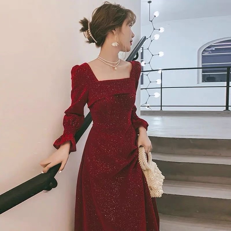 Long Dress Red Velvet Blink Square Neck M222