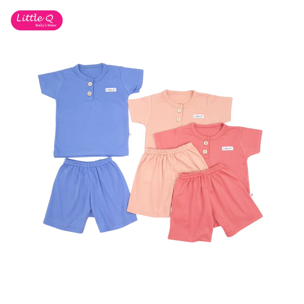 [Size SML] Little Q Polos Plain Set Mix Setelan Pendek Kancing Dada Celana Pendek 3/4 Isi 3 Pcs