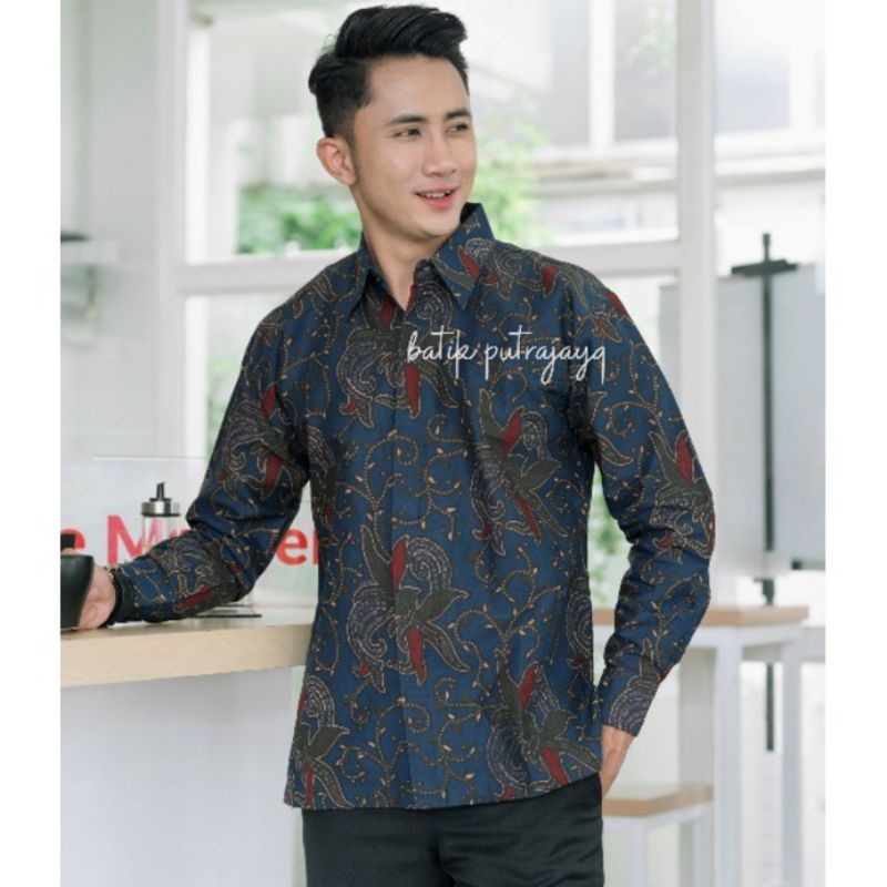 CABE BIRU Kemeja Baju Batik Pria Lengan Panjang Kasual Slimfit Modern Solo Sragenan