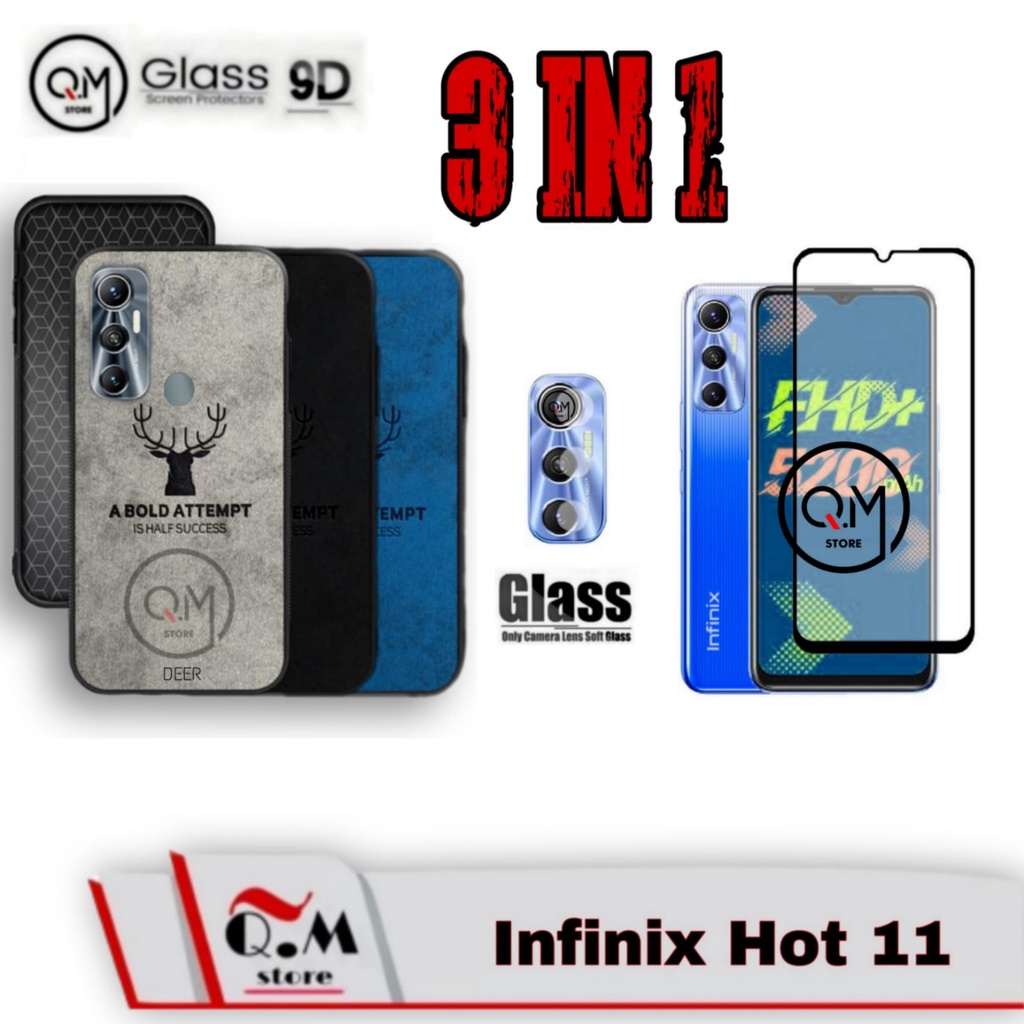 PAKET 3 IN1 CASE INFINIX HOT 12 PLAY / HOT 12 / HOT 12i / HOT 11 / INFINIX HOT 11S NFC Softcase Deer Pelindung Back Cover Free Tempered Glass Plus Camera