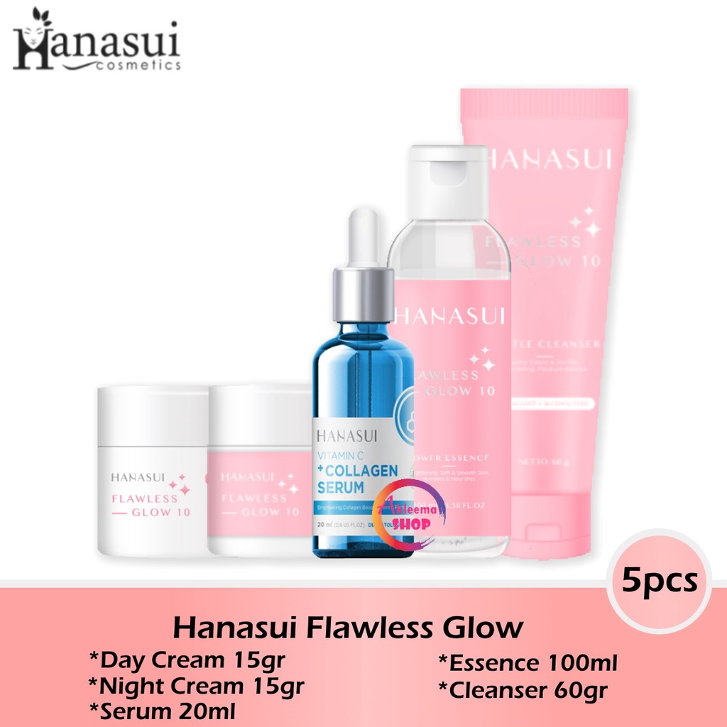 Paket Hanasui Flawless Glow 5pcs(Day Cream+Night Cream+Serum Biru+Essence+Cleanser)