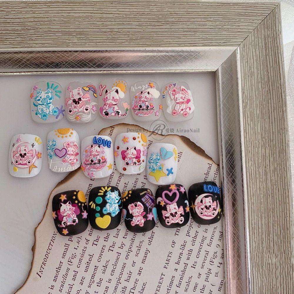 AUGUSTINA Agustina Nail Art Stiker Kawaii 5D Decal Pink Bunny Perekat Relief DIY Aksesoris Kuku