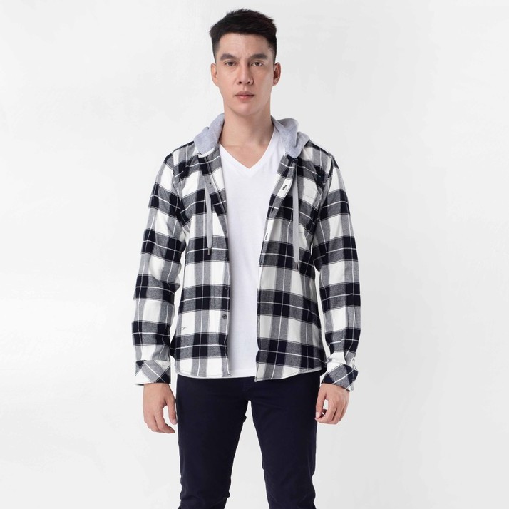 SCOTHCO Kemeja Pria Lengan Panjang Fergie Flannel Hoodie Shirt Putih Garis Hitam 17303-11238