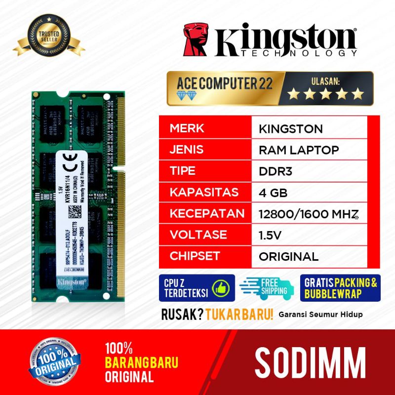 KINGSTON SODIMM DDR3 4GB NON L PC 12800