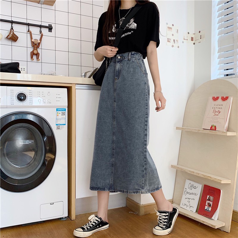 Rok split pinggang tinggi korean style Korea Style Rok denim jeans dres
