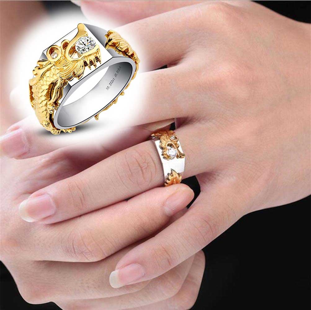 Cincin Berlian Baja Titanium Pola Naga Zirkon Kristal Mode Emas Perak Rings