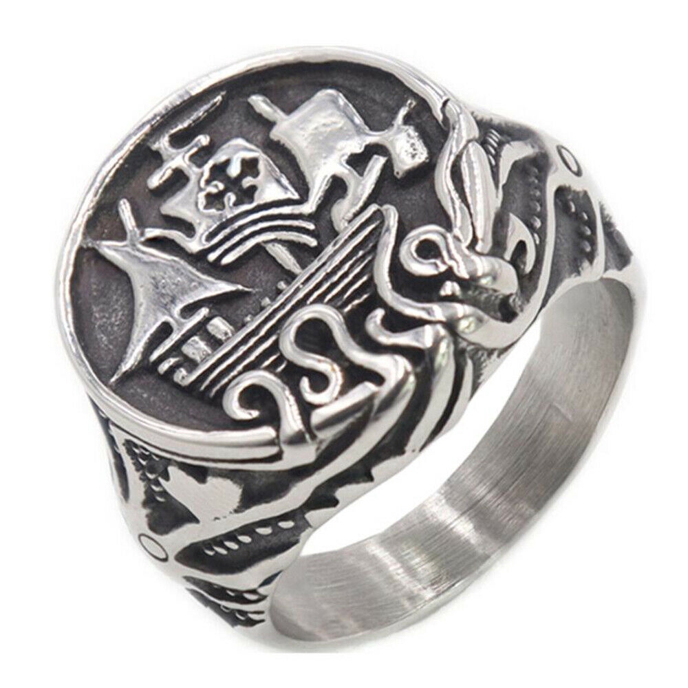 Bajak laut Perahu layar Gurita Vintage Perak Baja Titanium Pria Perhiasan Fashion Punk Cincin Rings