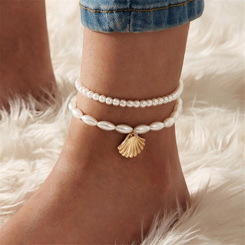 Gelang Kaki Liontin Kerang Mutiara Buatan Gaya Retro Untuk Wanita