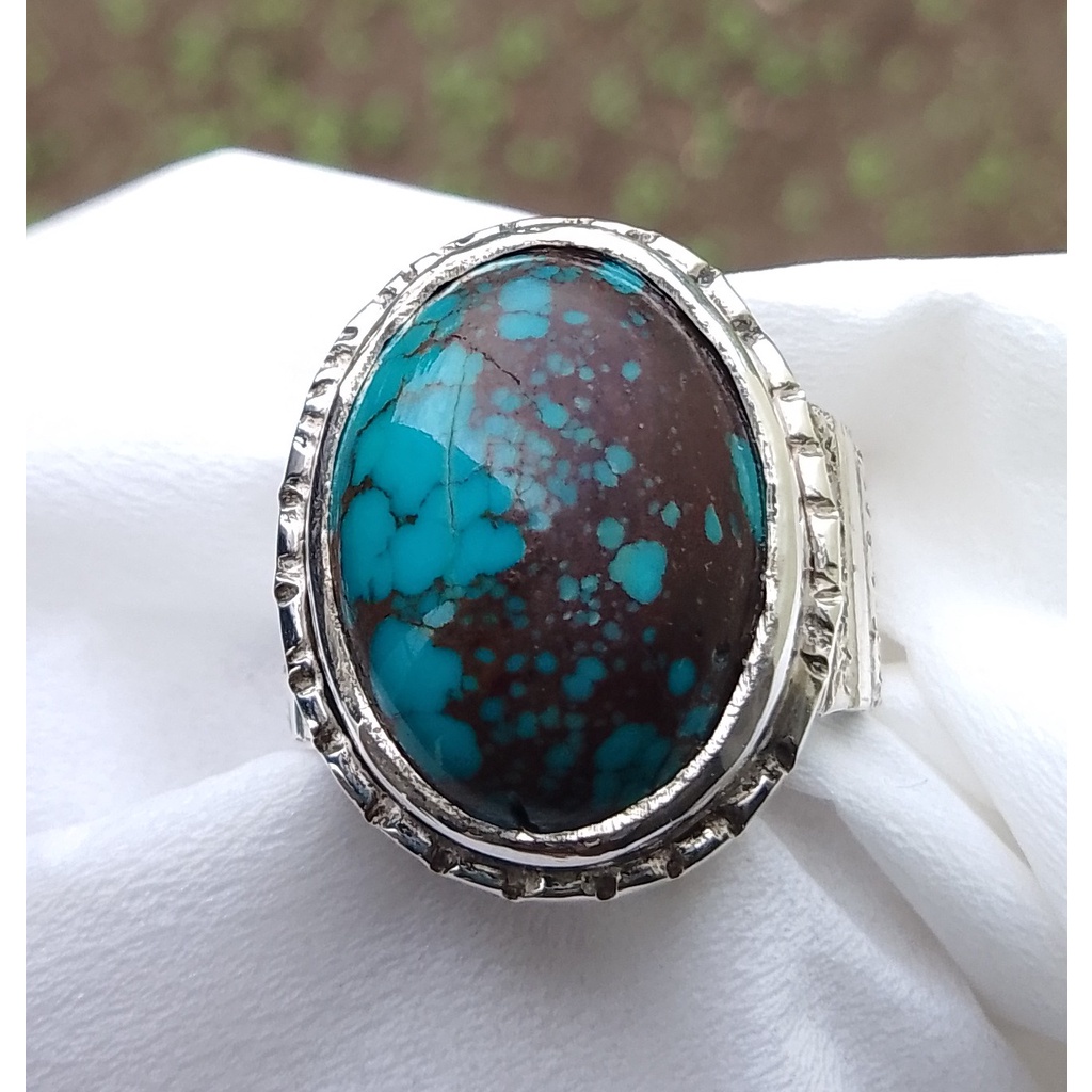 Natural Pirus Persia Biru Urat Merah Ring Perak 925 Model Ottoman