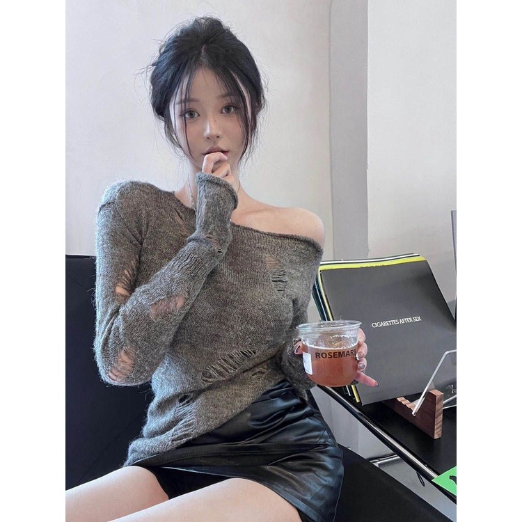 Suhao awal musim gugur memakai Yujie top musim panas wanita high-end manis gadis panas satu bahu es sutra tabir surya kemeja awal musim gugur sweater rajutan