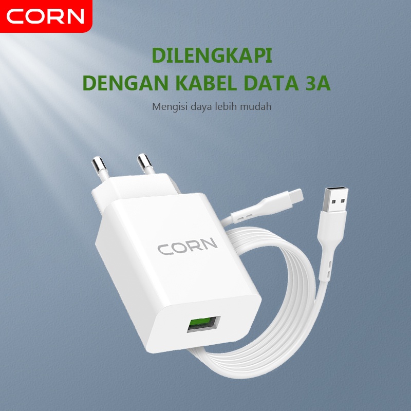 CORN Charger QE015 Original 3A 18W QC3.0 Fast Charging  EU Plug Quick Charging Charger With Kabel 3A Garansi Resmi 1 Tahun  untuk Samsung xiaomi vivo oppo